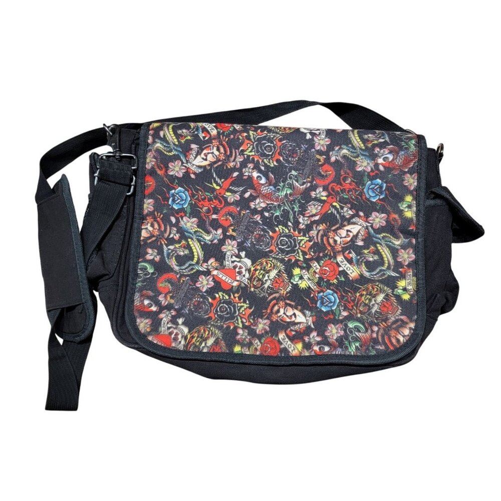 Ed Hardy Tattoo Print Messenger Bag Cotton Black Adjustable Strap